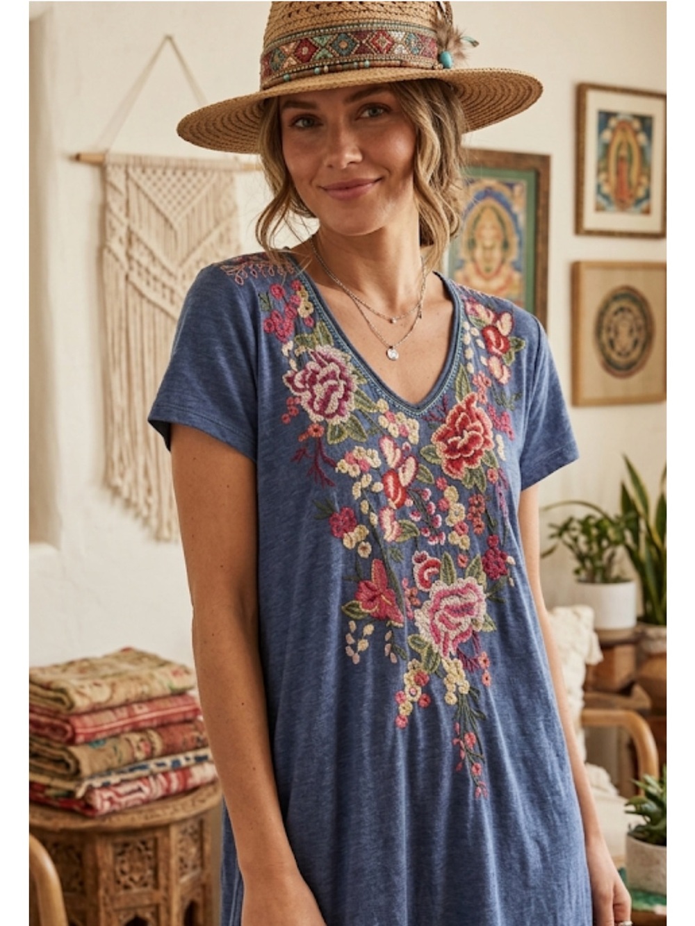 Johnny was Blue Embroidered V-Neck Tunic Dress with Floral Appliqué
